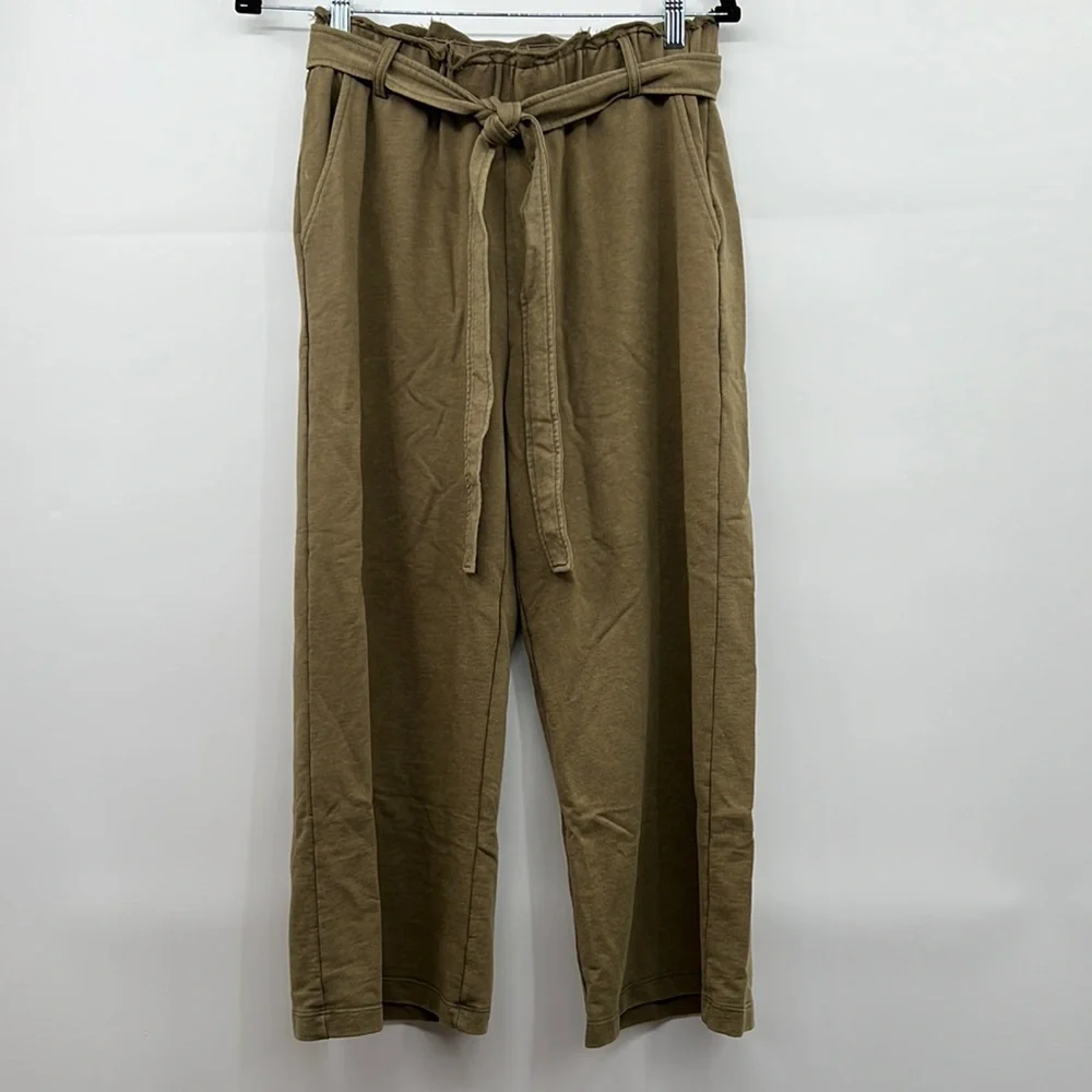 🆕Olive Green French Terry Paperbag Waist Tie High Waist Wide Leg Pants S,M & L - Picture 3 of 16